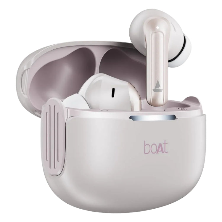 White and pale pink wireless earbuds in an open matching charging case, with the brand name 'boat' printed on the front.