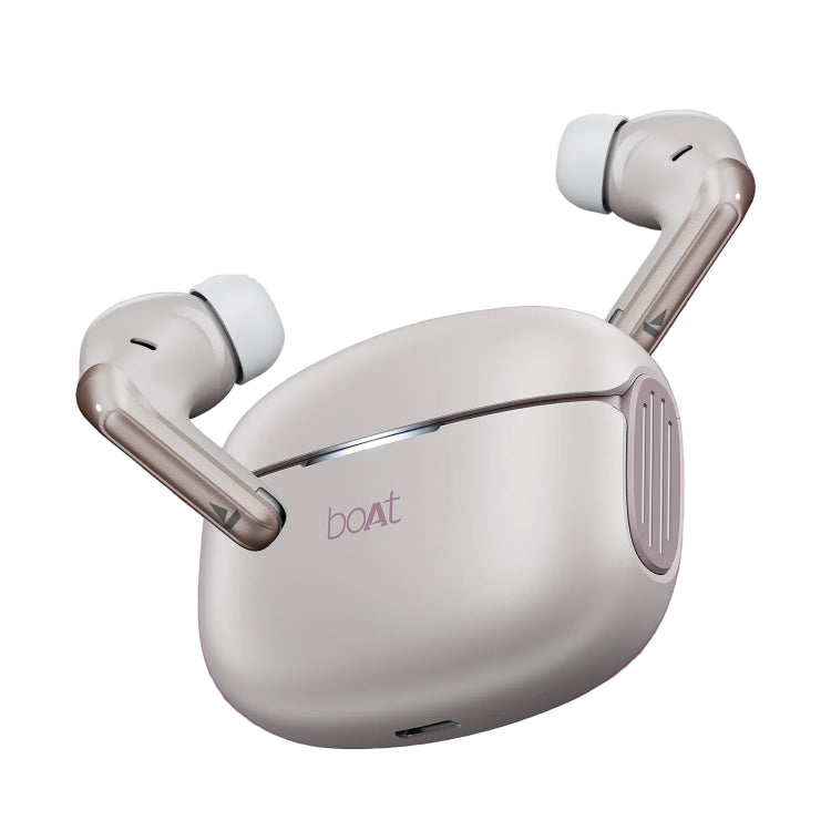 Wireless earbuds with charging case on a purple background, featuring 'boat' brand.