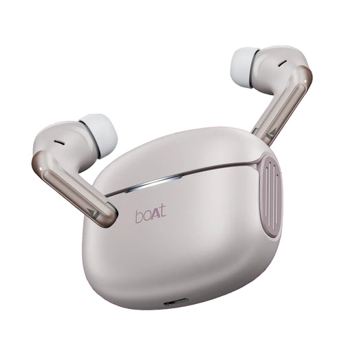 Wireless earbuds with charging case on a purple background, featuring 'boat' brand.