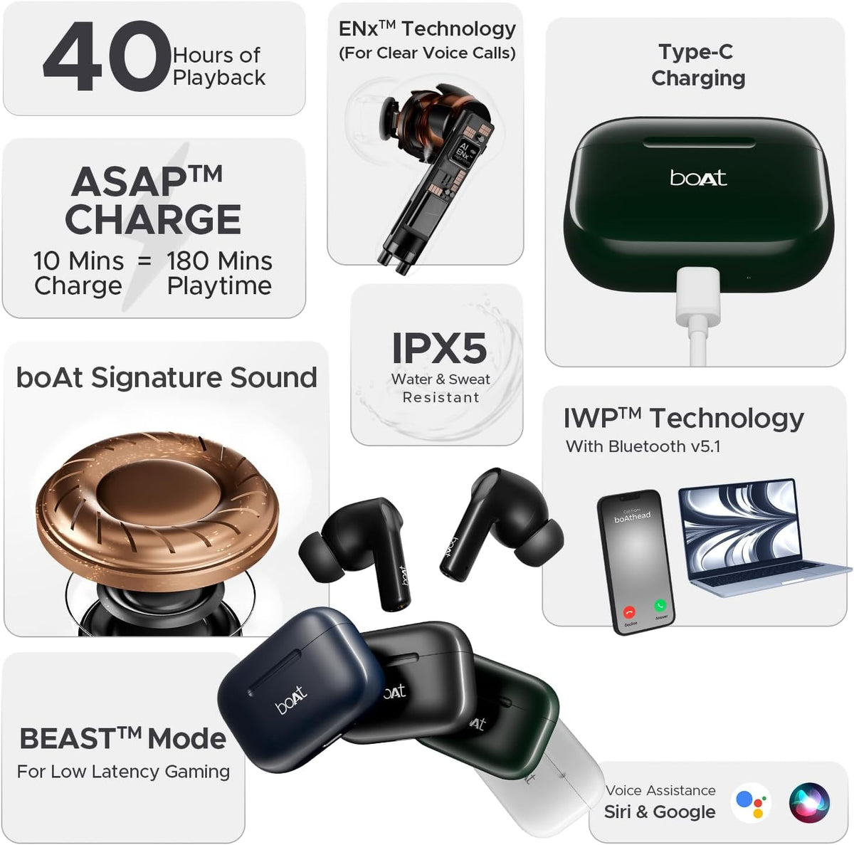 boAt Airdopes 163 Wireless Earbuds - Active Black, 40H Playtime, 13mm Drivers, IPX5