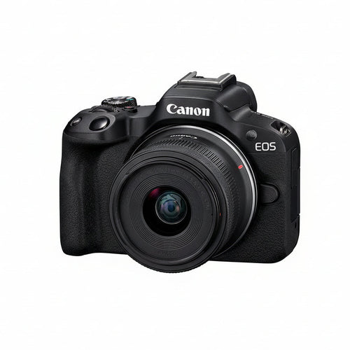 Canon EOS camera with lens on a white background