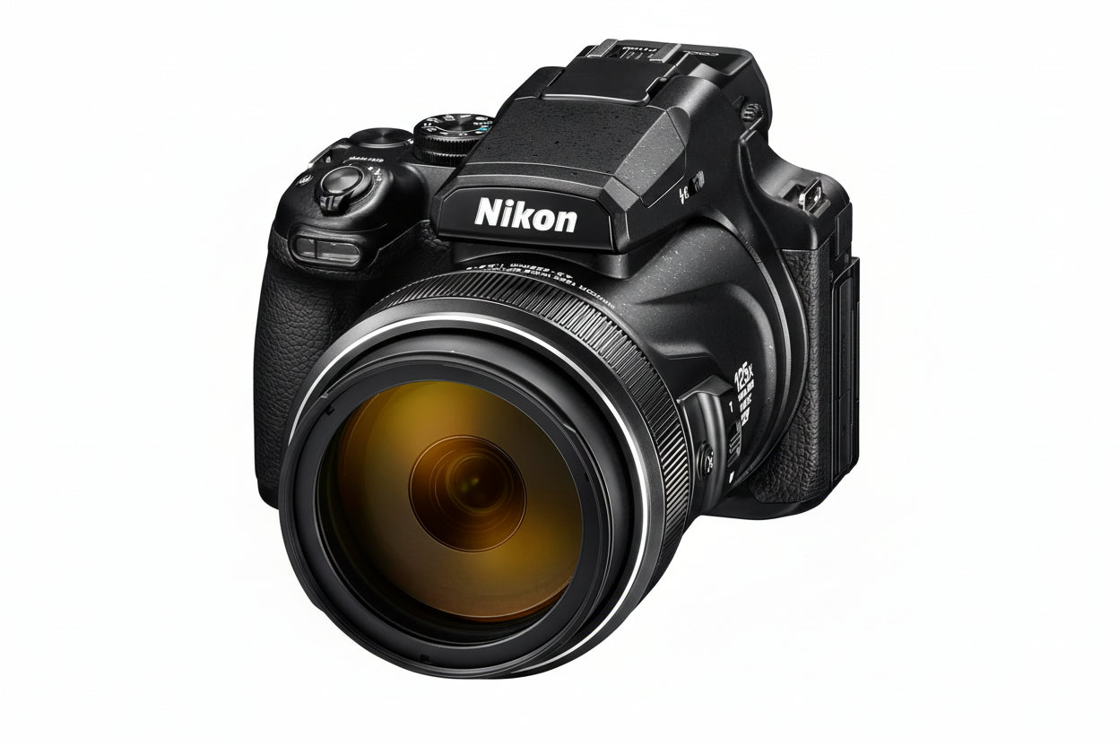Nikon camera with large lens on a white background