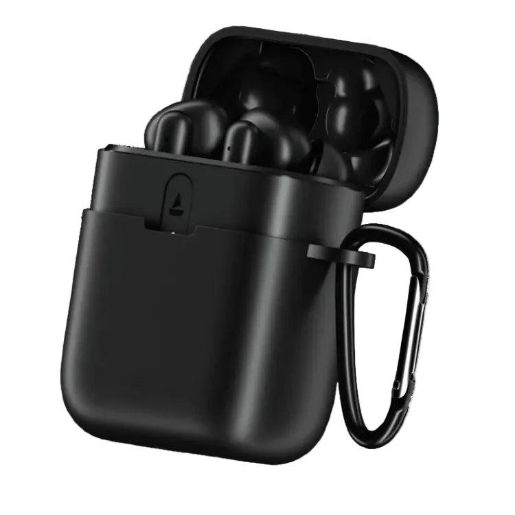 Black wireless earbuds in an open charging case with a carabiner attached, shown on a plain white background.