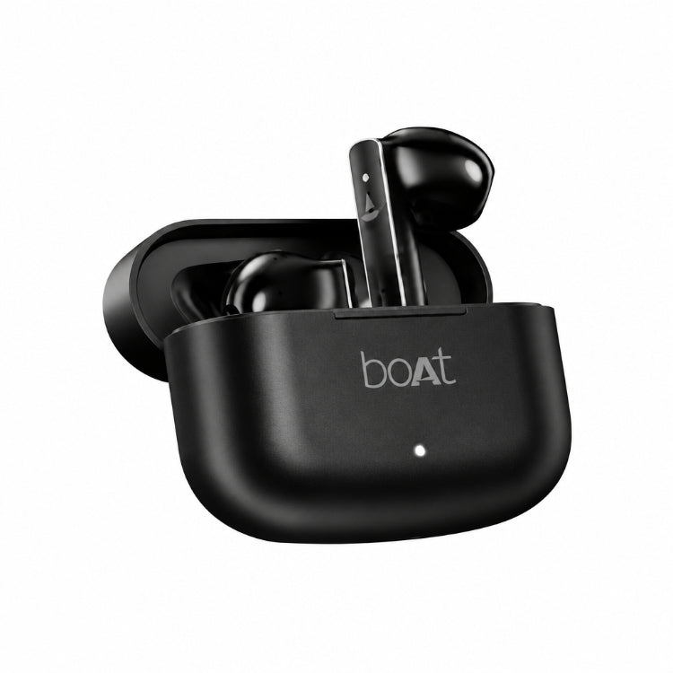Black BoAt wireless earbuds in their charging case, shown on a plain white background.