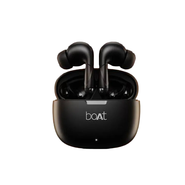 Black true wireless earbuds in an open charging case with the brand name 'boat' printed on the front, set against a warm brown gradient background.