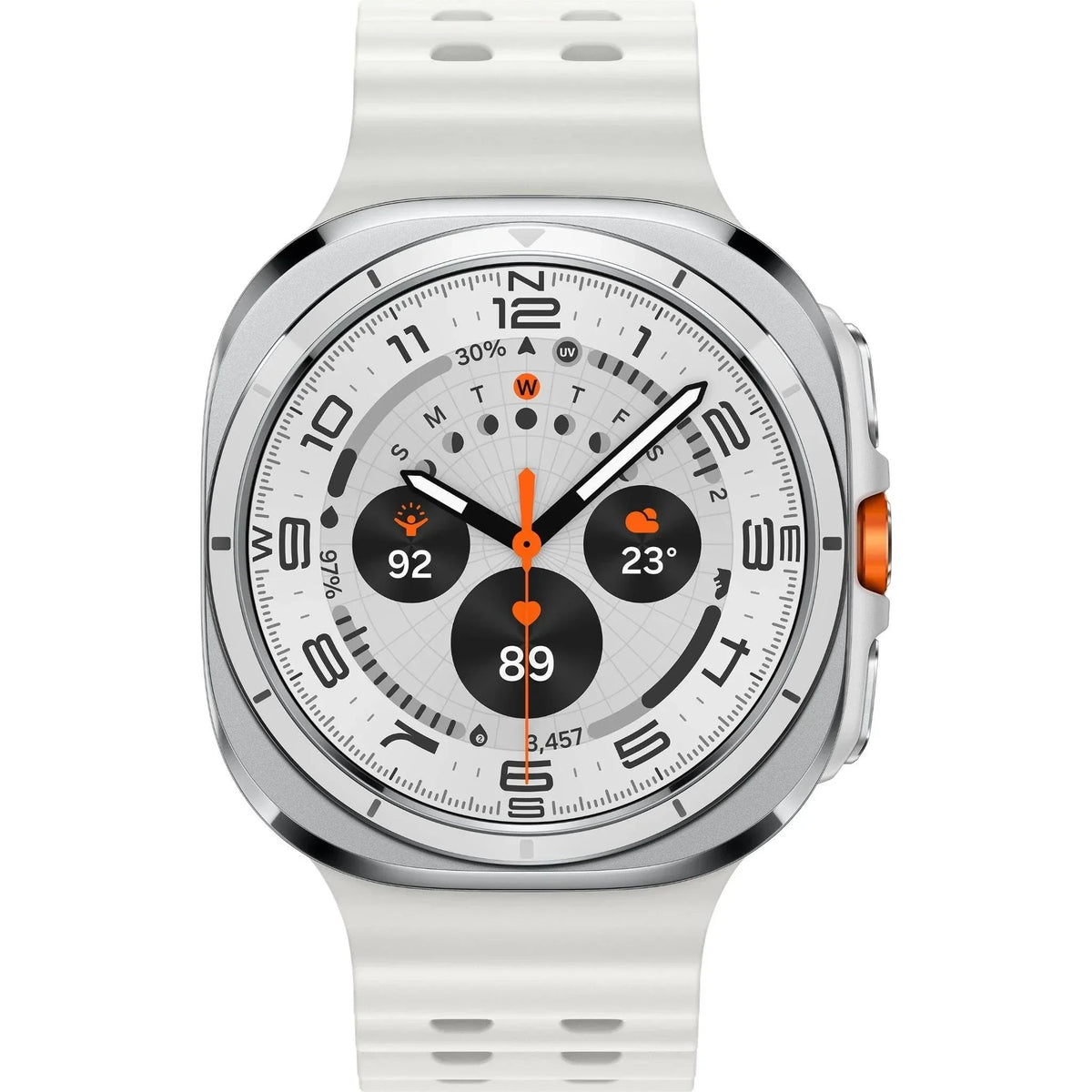 Side‑angle shot of Galaxy Watch Ultra 47mm Titanium Grey showing thickness and dynamic lug system.