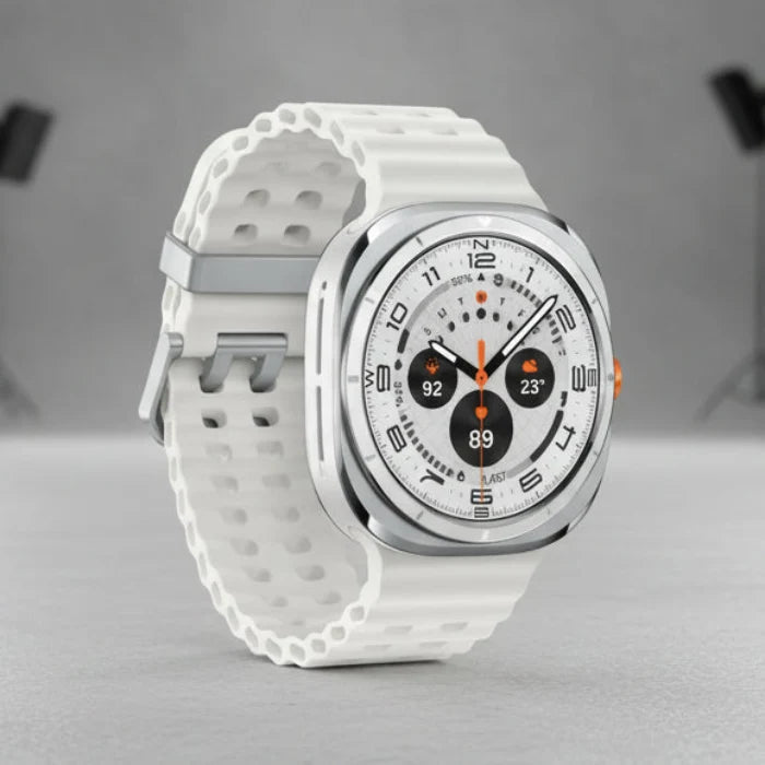 Galaxy Watch Ultra 47mm on a hiker’s wrist using Track Back navigation over a mountainous trail map.