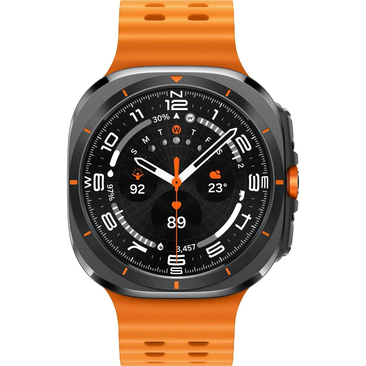 Galaxy Watch Ultra 47mm Titanium Silver on a wetsuit sleeve, tracking an open‑water swim session.